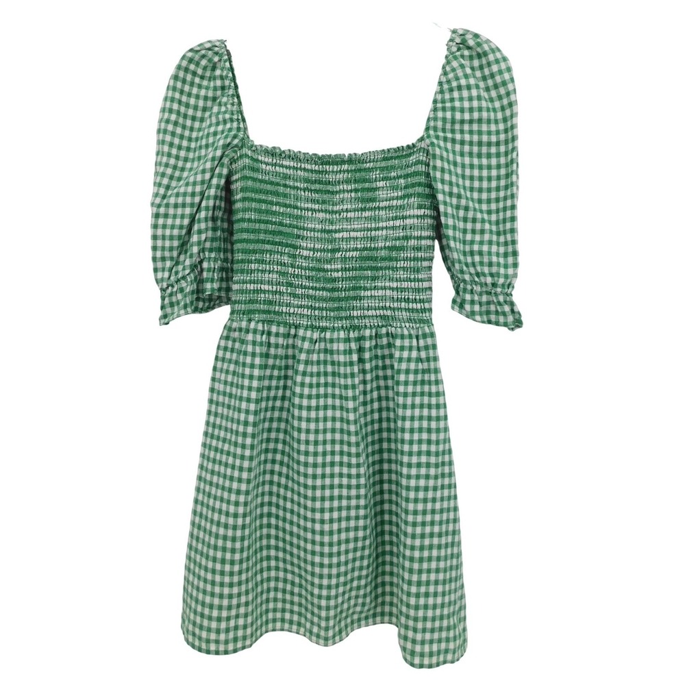 Reformation Cerise Green Gingham Smocked Puff Sleeve‎ Linen Mini Dress Medium